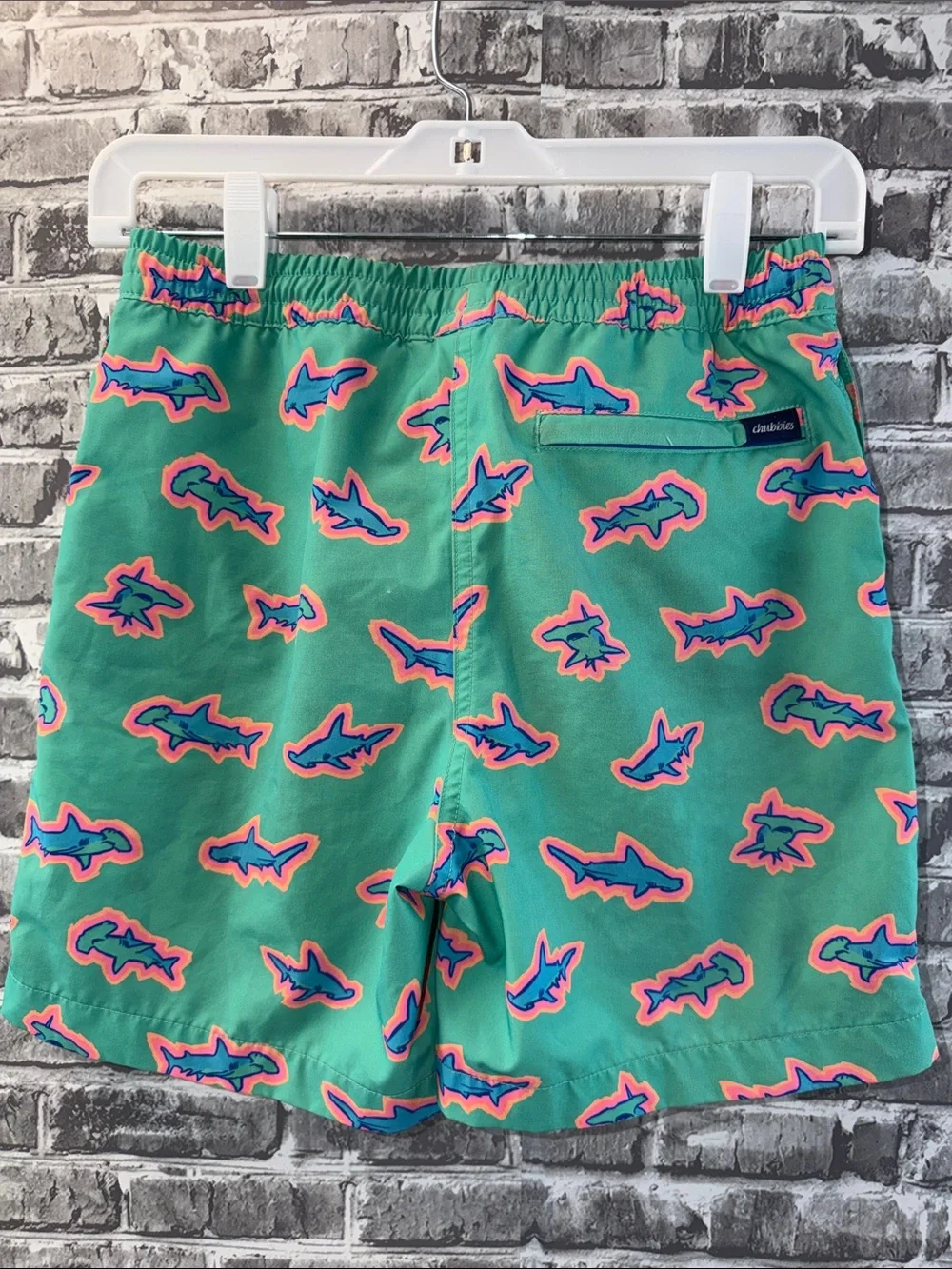 Boy's chubbies Teal Swim Trunks with Neon Shark‎ Print